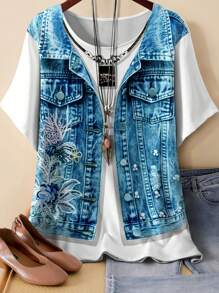 Áo thun nữ cổ tròn phong cách đường phố thường ngày hiệu ứng denim mới cỡ lớn - Màu xanh lam - Xem 1