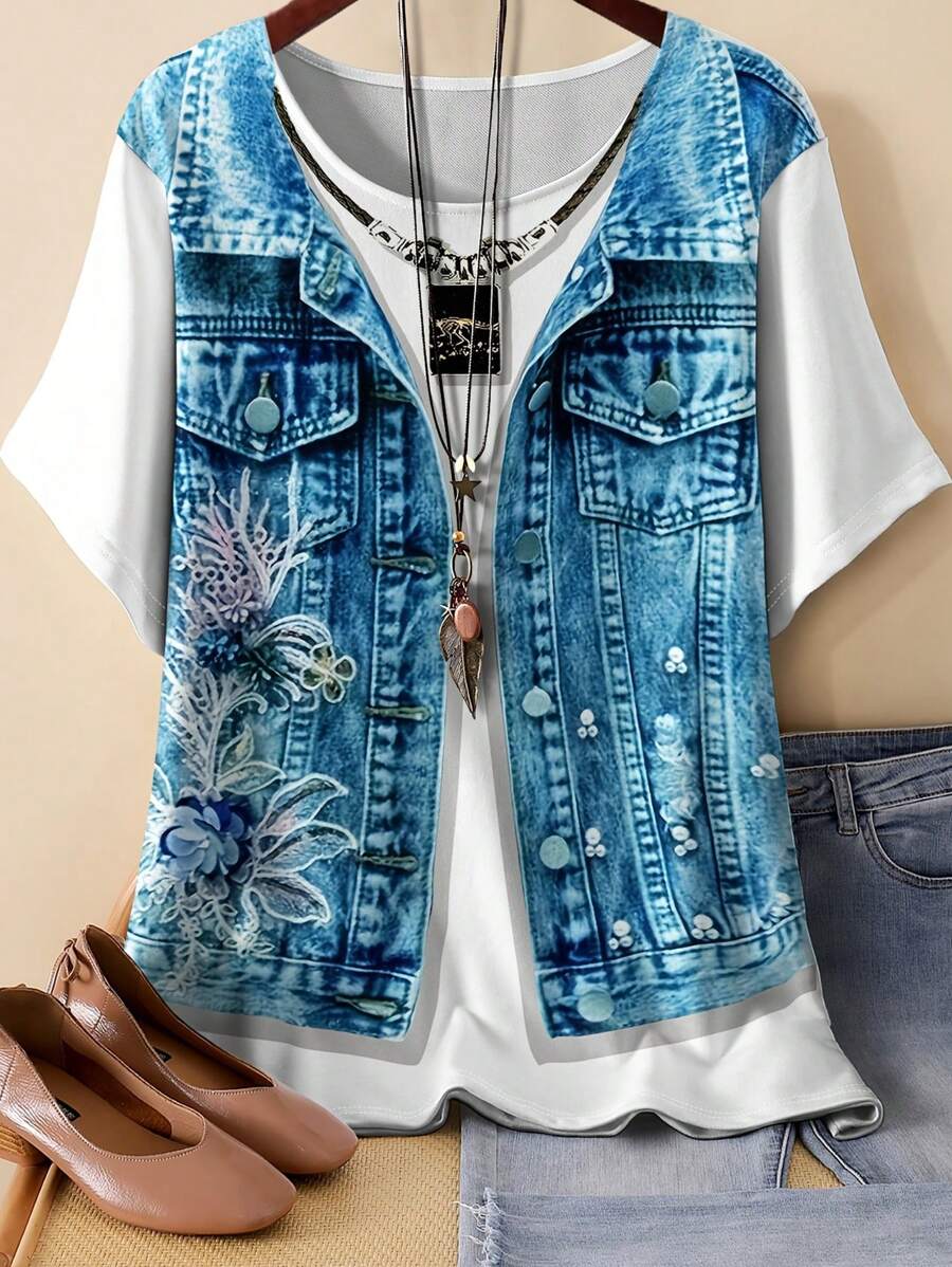 Áo thun nữ cổ tròn phong cách đường phố thường ngày hiệu ứng denim mới cỡ lớn - Màu xanh lam - Xem 1