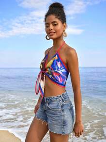 Travachic Women's Tropical Plant Print Tie Front Cropped Cami Tank Top, Vacation Style