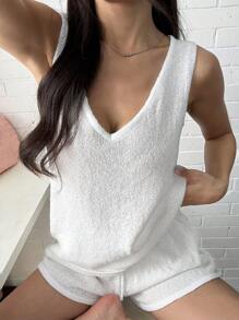 SHEIN EZwear Bộ 2 áo ba lỗ màu trơn cho nữ và quần short, trang phục thời trang mùa hè - trắng - Xem 6
