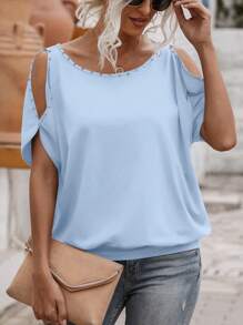 SHEIN LUNE Maglietta casual da donna a maniche corte, con spalle scoperte, di colore unito e taglio ampio