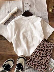 SHEIN Leap Crew 2pcs/Set Tween Girls Leopard Print & Heart Pattern Casual Simple Short Sleeve T-Shirt And Shorts Set, Suitable For Summer - Multicolor - View 2