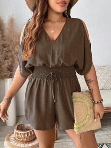 SHEIN LUNE Plus Size Vacation Casual V-Neck Open Shoulder Ruffle Jumpsuit - Coffee Brown - View 4