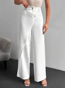 SHEIN Pantaloni larghi asimmetrici da donna, doppio strato, vita alta, pantaloni casual e da donna d'