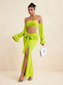 LUNA B Solid Color Strapless Long Sleeves Bandeau Crop Top For Women Outfit Summer Vacation Holiday