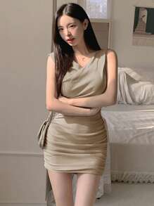 DAZY Women Solid Color Ruched Sleeveless Wrap Mini Dress,Back To School Clothes