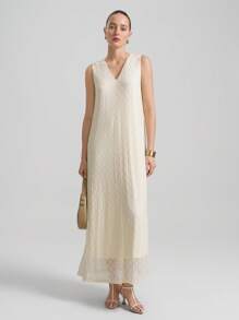 Ontre Vestido de punto elástico y cómodo de color albaricoque para mujer, unicolor sin mangas con escote en V, de moda para el verano
