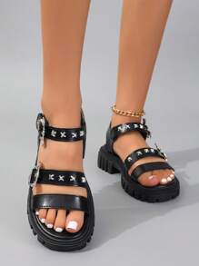 ROMWE Grunge Punk Plus Size Black Open Toe 4.5cm Platform Shoes, Punk Goth Metal Rivet Star Bat Buckle Strap Hook And Loop Design, Casual Fashion Student Roman Sandals