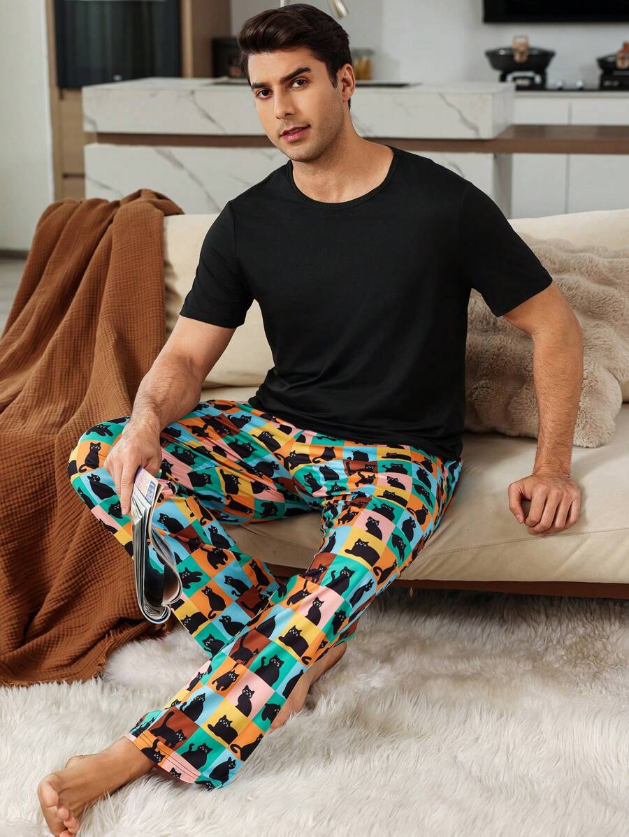Men's Plain Crew Neck Short Sleeve Top And Pants Pajama Set - Multicolor - View 1