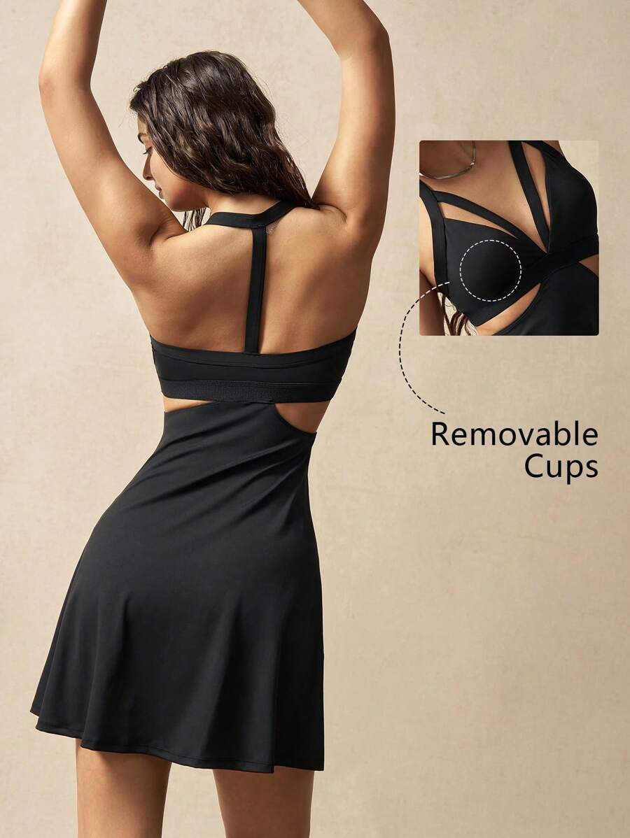 VARSIVA Women's Minimalist Solid Color Hollow Out Sleeveless Racerback Sports Dress, Summer - Black - View 1