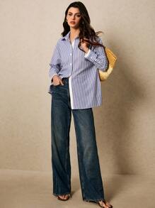 Poéselle Women Casual/Commute Striped Long Sleeve Shirt - Blue and White - View 1