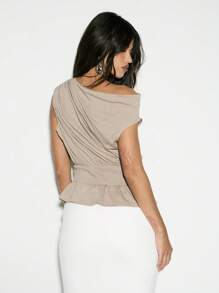 KIZN Asymmetric One Shoulder Smocked Waist Top Elegant Evening Party Blouse Casual Summer Spring Fashion Sleeveless Ruched Design Contemporary Urban Style - Olive Green - View 2