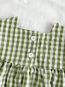 SHEIN Vintaside Kids 女婴绿色格子盖袖休闲夏装，田园风格，清新图案，轻盈设计，适合户外、休闲和休闲派对 - 綠色 - 查看 8