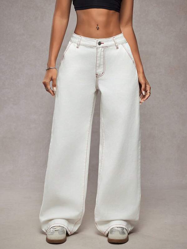 SHEIN ICON White Contrast Stitching Low Waist Utility Pockets Washed Denim Jeans