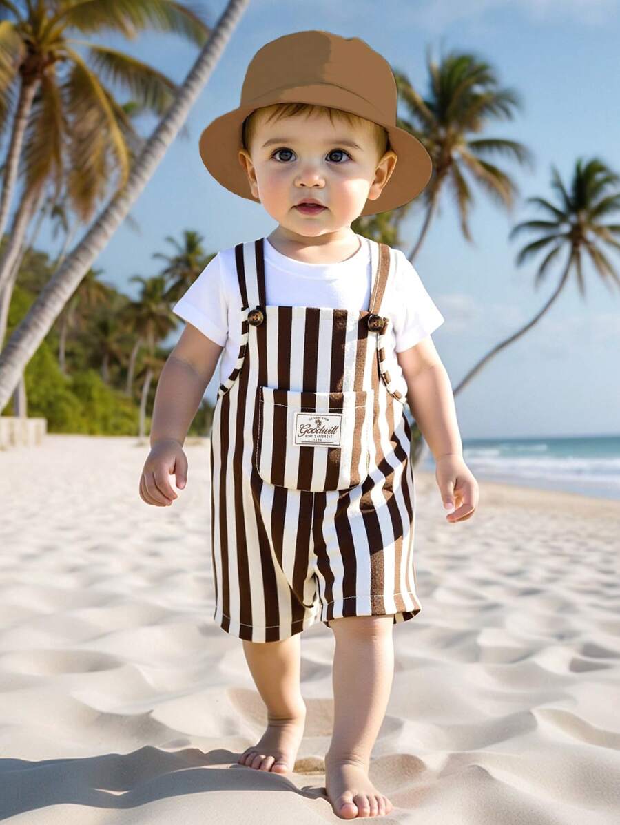 SHEIN Playful Pals 1pc Baby Boys' Casual Striped Colorblock Comfortable Double-Layered Cotton Overalls Shorts, Suitable For Daily Wear And Outdoor Activities, Summer