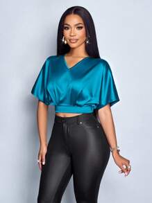 SOLERSUN Women's Spring Summer Elegant Daily Wear Solid Color Plunging Neck Lantern Sleeve Wrap Satin Blouse