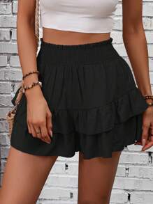 SHEIN Tall High Waist Frill Trim Double Layer Shorts Skirt, Vacation Casual - Black - View 4