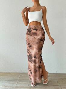 SHEIN PETITE Chân váy ôm sát thời trang xẻ tà bằng vải lưới in họa tiết dành cho nữ. - Màu be - Xem 5