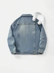 Tween Boy Casual Distressed Denim Jacket, School, Campus, College Chic Outfits For Autumn/Winter Fall - Medium Wash - View 2