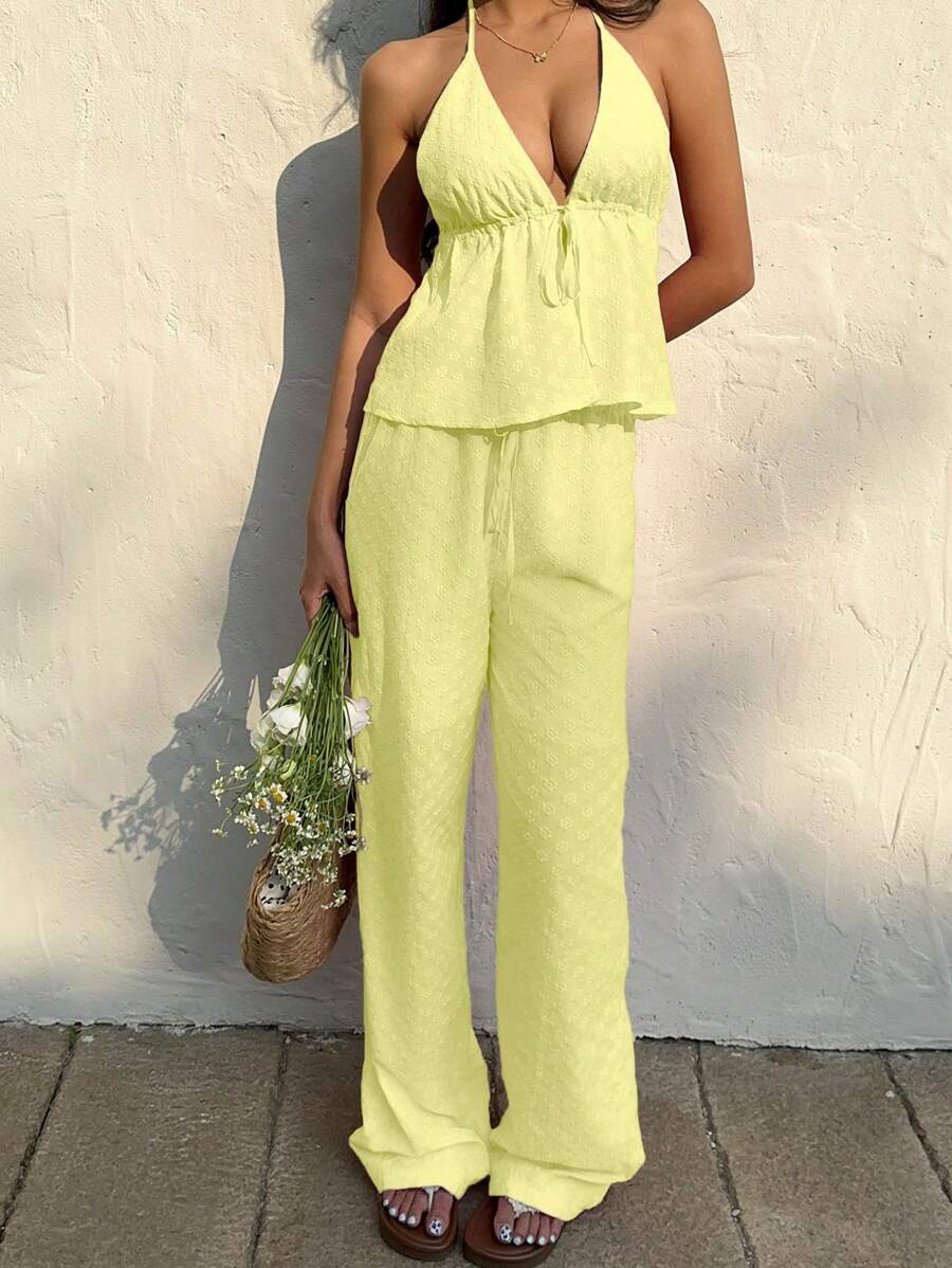 SHEIN Unity Vacation Embroidered Spaghetti Strap Jumpsuit - Yellow - View 1