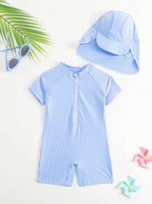 Baby Boy Casual Blue And White Striped Front Zip-Up Short Sleeve One-Piece Swimsuit With Sun Hat - Blue and White - View 1