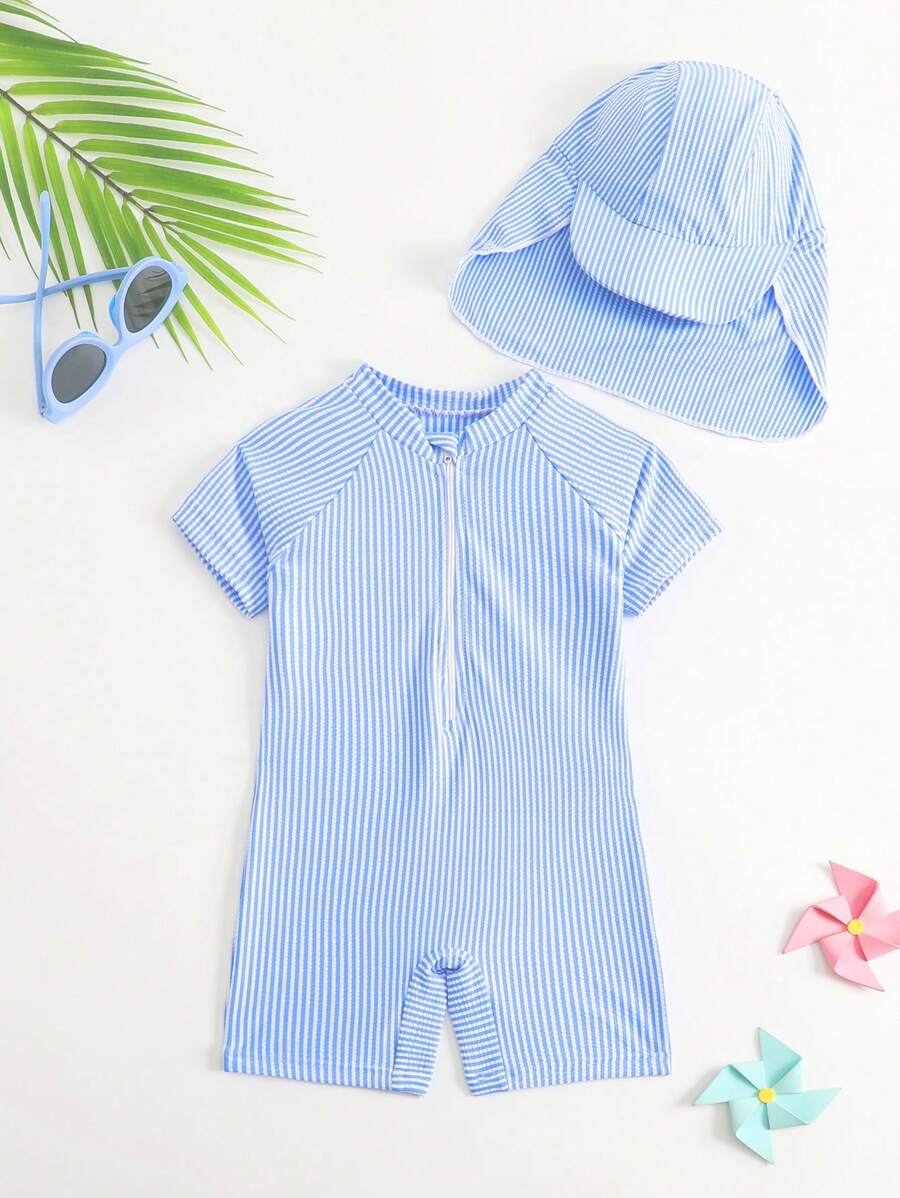 Baby Boy Casual Blue And White Striped Front Zip-Up Short Sleeve One-Piece Swimsuit With Sun Hat - Blue and White - View 1