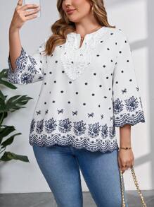 SHEIN Clasi Elegante camicia in taglie comode per donna con ricamo occhiellato e blocchi di colore