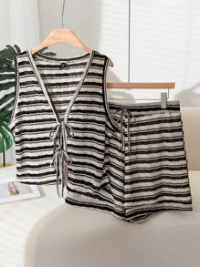 CosyJoli Plus Size Casual Minimal Striped Texture 2Pcs Set, Tank Top + Shorts, Suitable For Loungewear And Everyday Wear - Black and White - View 6