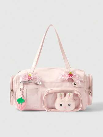 Kawaii Bolso de mano kawaii, dulce y lindo con moño rosa y múltiples bolsillos, diseño de fresa/zanahoria/conejo, bolso de hombro casual para dama, con decoración de cremallera con corazón y metal al estilo anime