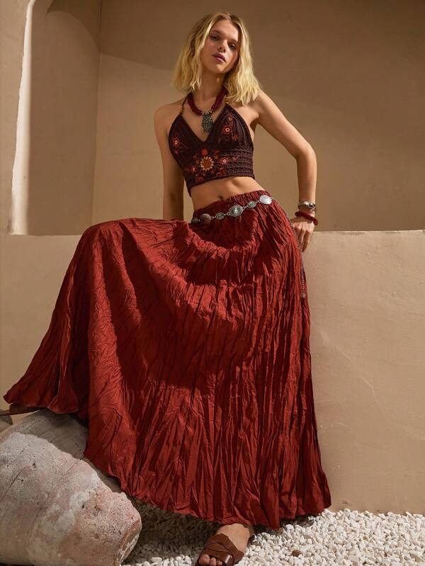 Bóhologie Boho Bohemela Womens Clothing Women Summer Clothes   Casual  Germany Seaside Holiday, Suitable For Everyday, Out Of The Street, Holiday And Other Occasions To Wear ELASTICAL FIT WAIST PLEATED VOLUME MAXI SKIRT Woman Summer Outfits Womens Maxi Dresses Women Party Dresses Women Skirts Womens Formal Dress