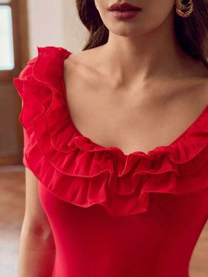 ZEYLAH Camiseta elegante de mujer de unicolor con cuello con volantes en capas y mangas cortas