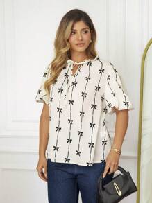 KURAYIA Plus Size Tie Collar Bow Print Lantern Sleeve Blouse - Apricot - View 4
