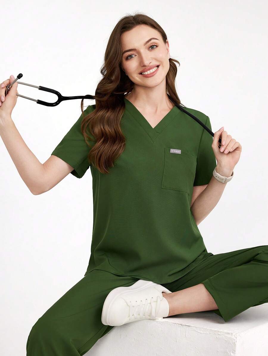 Scrubzie Conjunto de uniforme de enfermería de unicolor con parte superior de manga corta y pantalones - Verde - Ver 1