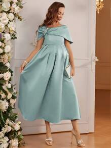 SHEIN Pregnant Women's Solid Color Ruched Off Shoulder Elegant Maternity Dress - Mint Green - View 3