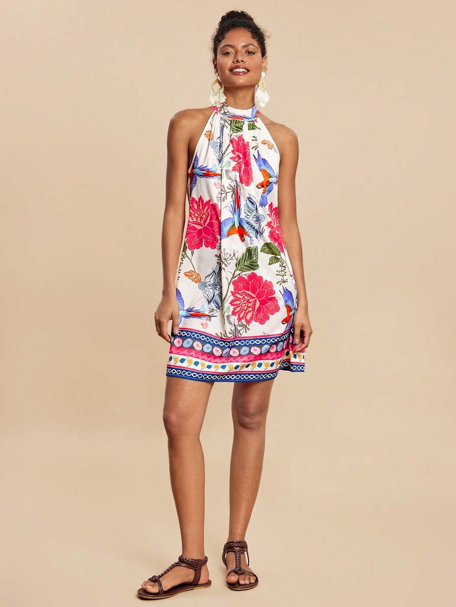 Travachic 女士花卉印花露背宽松休闲连衣裙，适合夏季度假 - 藍色 - 查看 1