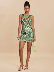 Travachic Damen Cut Out Volldruck Schlank Passend Urlaubs Lässig Mini Kleid