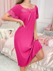 Women's Loose Lace Trim Ruffle Hem Bow Decor Nightgown - Hot Pink - View 3