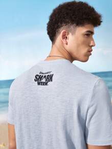 Shark Week X SHEIN Men's Casual Shark Print Round Neck Short Sleeve T-Shirt, Summer - Baby Blue - View 4