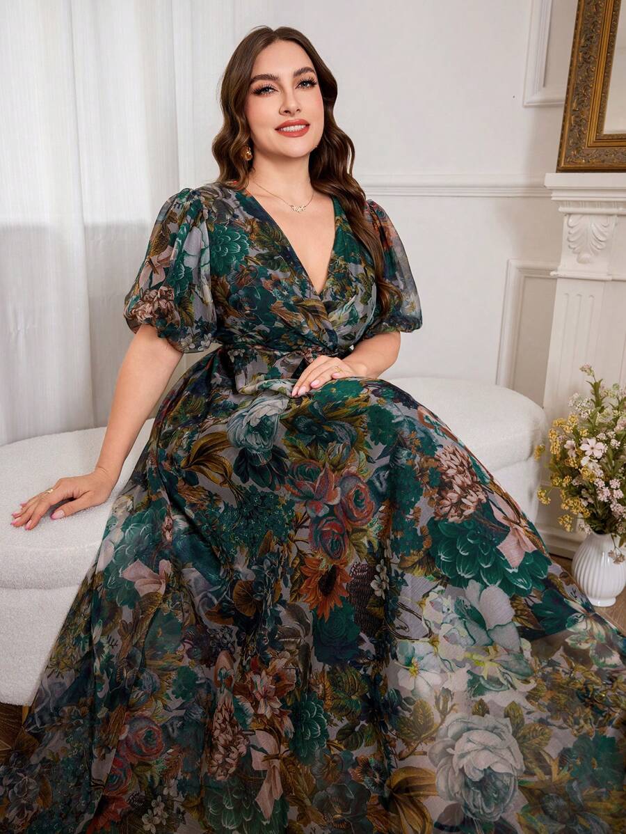 Modelyn New Luxury Elegant Oversized Floral Print Long V-Neck Short Sleeve Dress