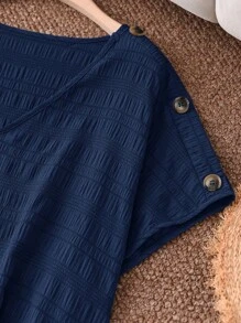 SHEIN LUNE Plus-Size Blue Two Pieces Crewneck Shirt + Shorts Two Pieces Suit Loose Casual Buttons Decorated Women's Set