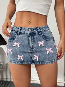 SHEIN PETITE Women's Blue Denim Skirt With Sweet Bow Y2Kmini Skirt Music Festival Outfits - Light Wash - View 3