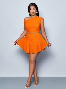 SOLERSUN Maweii 大码女式斜肩上衣和不对称裤裙两件套情人节休闲日常约会派对演唱会新年春夏毕业季绿色夏季女装圣帕特里克节 - 橘色 - 查看 4