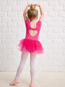 SHEIN Solid Color Round Neck Young Girl Knitted Dress With Hollow-Out Back And Mesh Hemline, Sportswear - Hot Pink - View 5