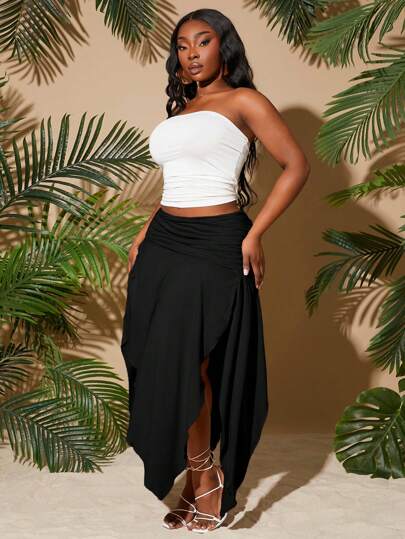 SHEIN SXY Plus Size Women 2025 Spring Summer New City Vacation Solid Color Ruched Waist Asymmetrical Hem High Slit Sexy Skirt, Suitable For Beach Vacation, Date Night, Birthday, Bachelorette Party, Cute, Casual, Shopping, Streetwear, Going Out, Easy To Match & Look Slim, Accentuate Your Body, Flatter The Figure