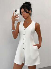 Rafferiza Bộ đồ liền thân chữ A cổ chữ V cạp chun đơn giản cho nữ, phong cách tối giản - trắng - Xem 1