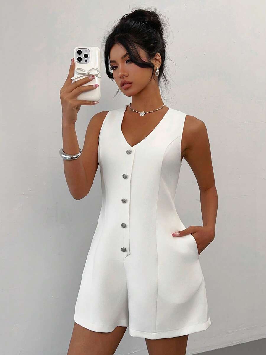 Rafferiza Bộ đồ liền thân chữ A cổ chữ V cạp chun đơn giản cho nữ, phong cách tối giản - trắng - Xem 1