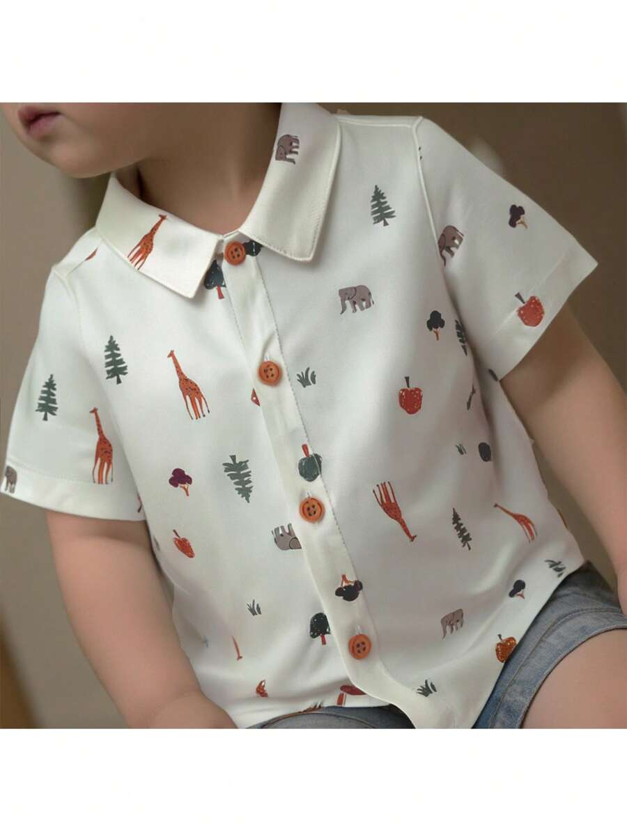 Loomiva 男婴卡通动物印花翻领短袖纽扣衬衫,休闲百搭 - 白色 - 查看 1