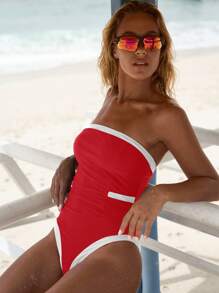 Swim SPRTY Women's Contrast Trim Bandeau One-Piece Swimsuit For Beach/Resort For Summer Beach Vacation
