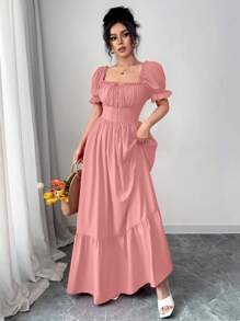 SHEIN Raffinéa 女式方领泡泡袖系带前开襟后背镂空收腰连衣裙 - 珊瑚粉 - 查看 4