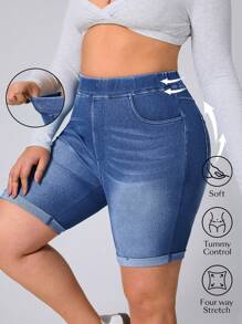 Flexra Plus Size Women Casual Simple Denim Shorts - Blue - View 1